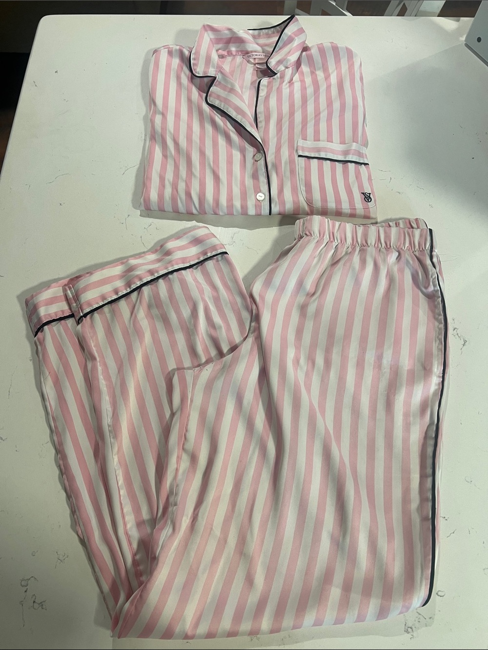 Victoria's Secret Pink and White Striped Satin Pajama Shirt with Black Piping